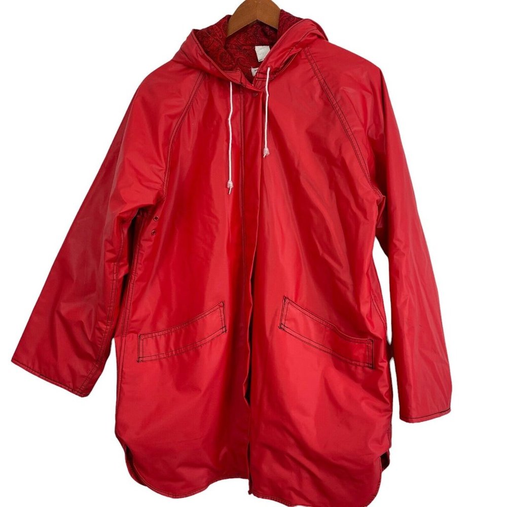TALBOTS Women’s  Rain Coat Jacket PVC Hooded Flannel Lined size large Red